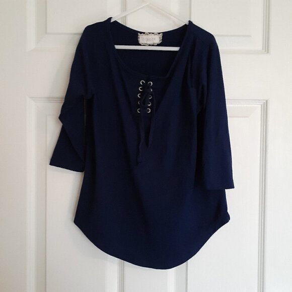 Btween Girls Size 8 Navy Blue Lace Up Three Quarter Sleeve Shirt - Picture 2 of 5